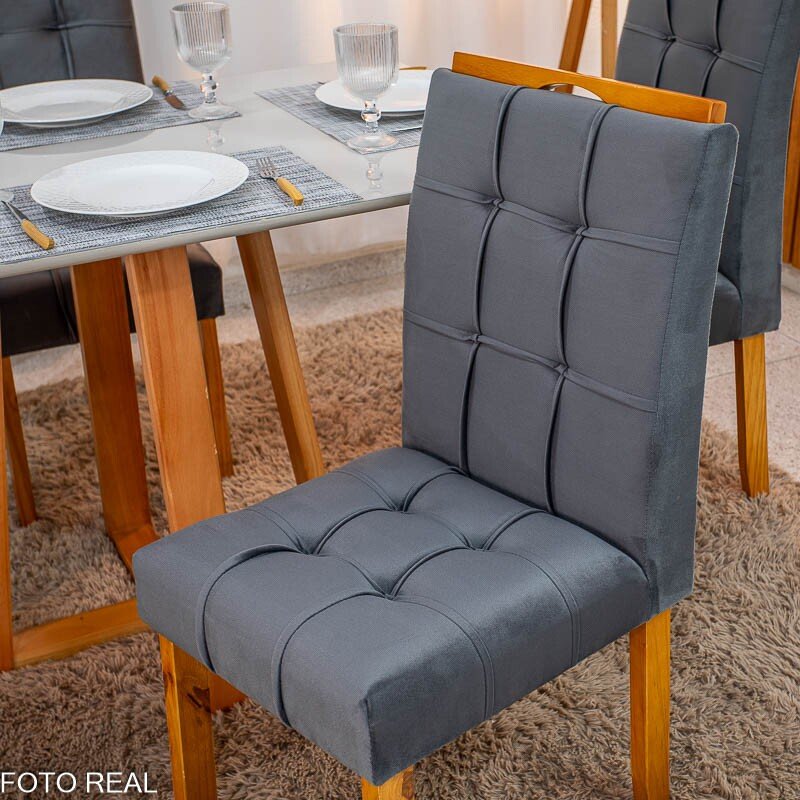 Mesa de Jantar Bali 120x80 Vidro Off Base Madeira + 4 Cadeiras Londres Veludo Chumbo Minas Plac - Entregue Montada - Imagem 7