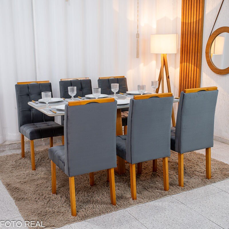 Mesa de Jantar Bali 160x80 Vidro Off Base Madeira + 6 Cadeiras Londres Veludo Chumbo Minas Plac - Entregue Montada - Imagem 3