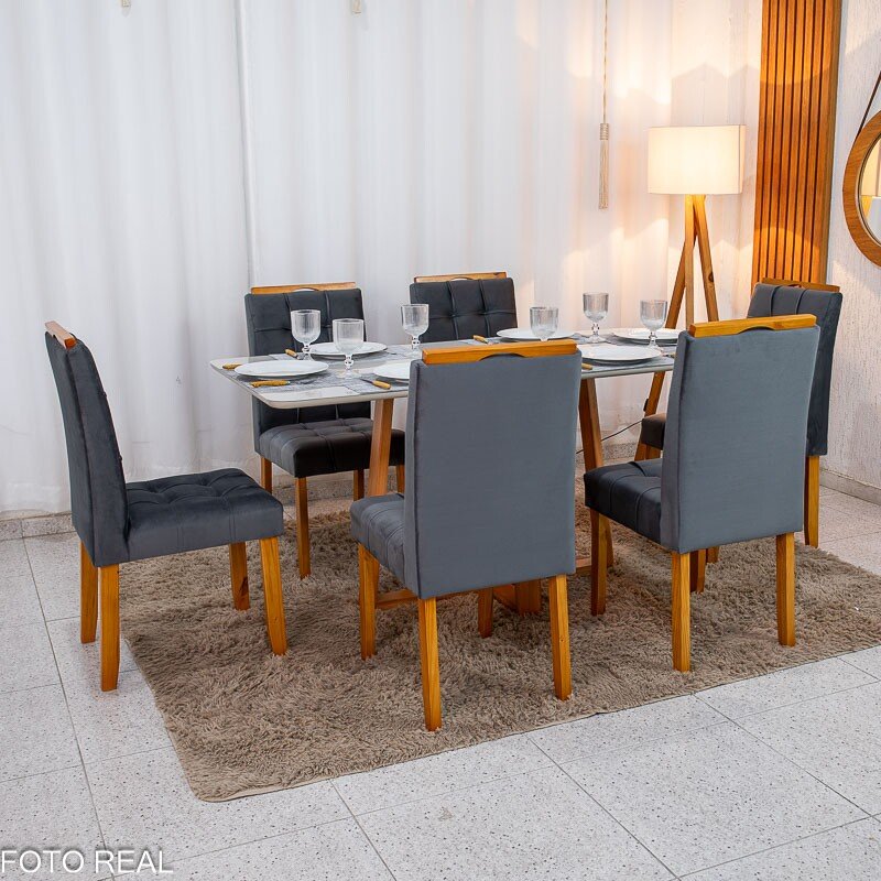 Mesa de Jantar Bali 160x80 Vidro Off Base Madeira + 6 Cadeiras Londres Veludo Chumbo Minas Plac - Entregue Montada - Imagem 4