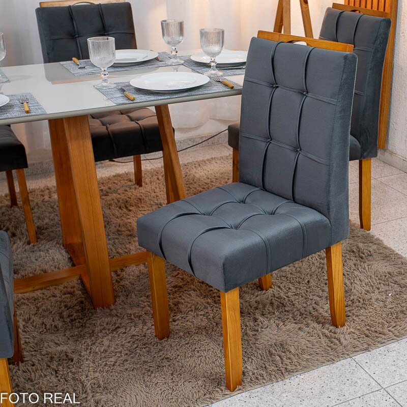Mesa de Jantar Bali 160x80 Vidro Off Base Madeira + 6 Cadeiras Londres Veludo Chumbo Minas Plac - Entregue Montada - Imagem 5