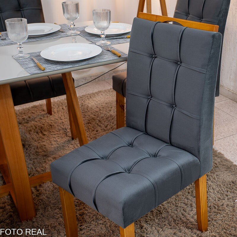 Mesa de Jantar Bali 160x80 Vidro Off Base Madeira + 6 Cadeiras Londres Veludo Chumbo Minas Plac - Entregue Montada - Imagem 6