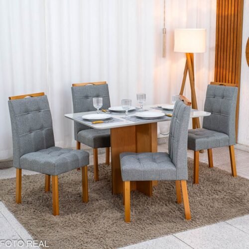 Mesa de Jantar Moscou 120x80 Vidro Off Base Cinamomo + 4 Cadeiras Londres Linho Cinza Minas Plac - Entregue Montada