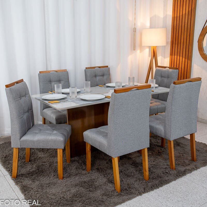 Mesa de Jantar Moscou 160x80 Vidro Off Base Cinamomo + 6 Cadeiras Londres Linho Cinza Minas Plac - Entregue Montada