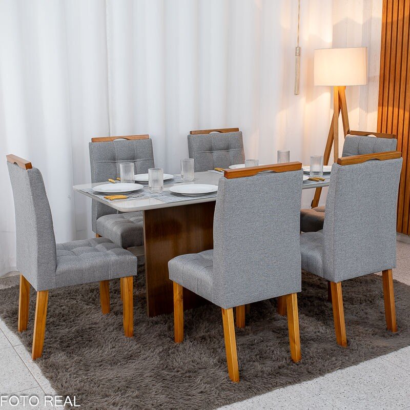 Mesa de Jantar Moscou 160x80 Vidro Off Base Cinamomo + 6 Cadeiras Londres Linho Cinza Minas Plac - Entregue Montada - Imagem 4