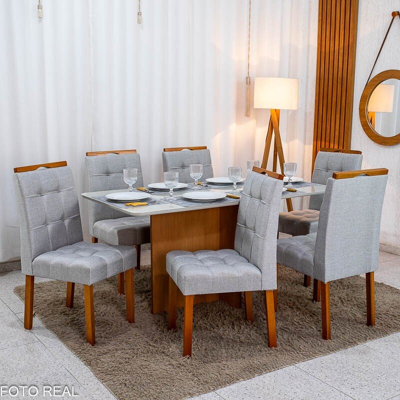 Mesa de Jantar Moscou 160x80 Vidro Off Base Cinamomo + 6 Cadeiras Londres Linho Prata Minas Plac - Entregue Montada - Imagem 3