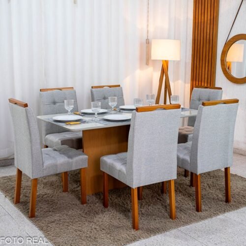 Mesa de Jantar Moscou 160x80 Vidro Off Base Cinamomo + 6 Cadeiras Londres Linho Prata Minas Plac - Entregue Montada