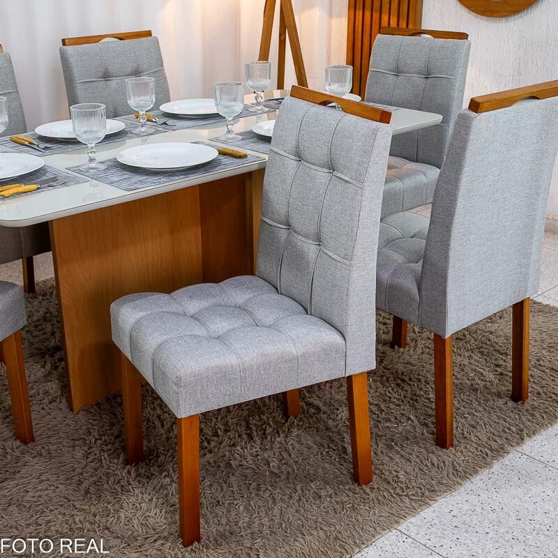 Mesa de Jantar Moscou 160x80 Vidro Off Base Cinamomo + 6 Cadeiras Londres Linho Prata Minas Plac - Entregue Montada - Imagem 4