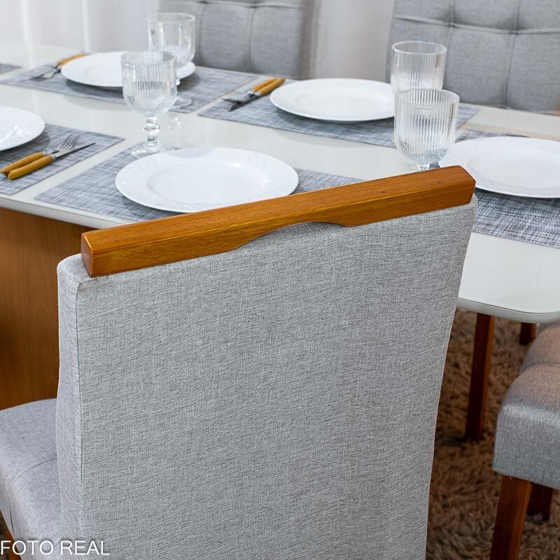 Mesa de Jantar Moscou 160x80 Vidro Off Base Cinamomo + 6 Cadeiras Londres Linho Prata Minas Plac - Entregue Montada - Imagem 5