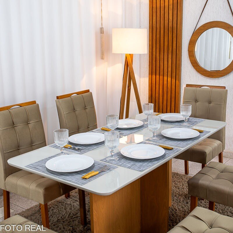 Mesa de Jantar Moscou 160x80 Vidro Off Base Cinamomo + 6 Cadeiras Londres Veludo Avelã Minas Plac - Entregue Montada - Imagem 2