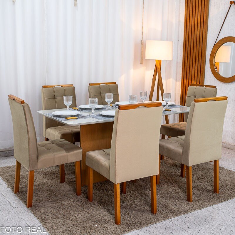 Mesa de Jantar Moscou 160x80 Vidro Off Base Cinamomo + 6 Cadeiras Londres Veludo Avelã Minas Plac - Entregue Montada - Imagem 3