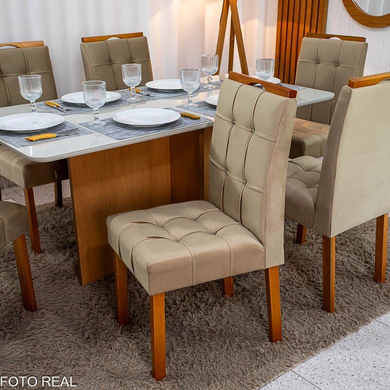 Mesa de Jantar Moscou 160x80 Vidro Off Base Cinamomo + 6 Cadeiras Londres Veludo Avelã Minas Plac - Entregue Montada - Imagem 4