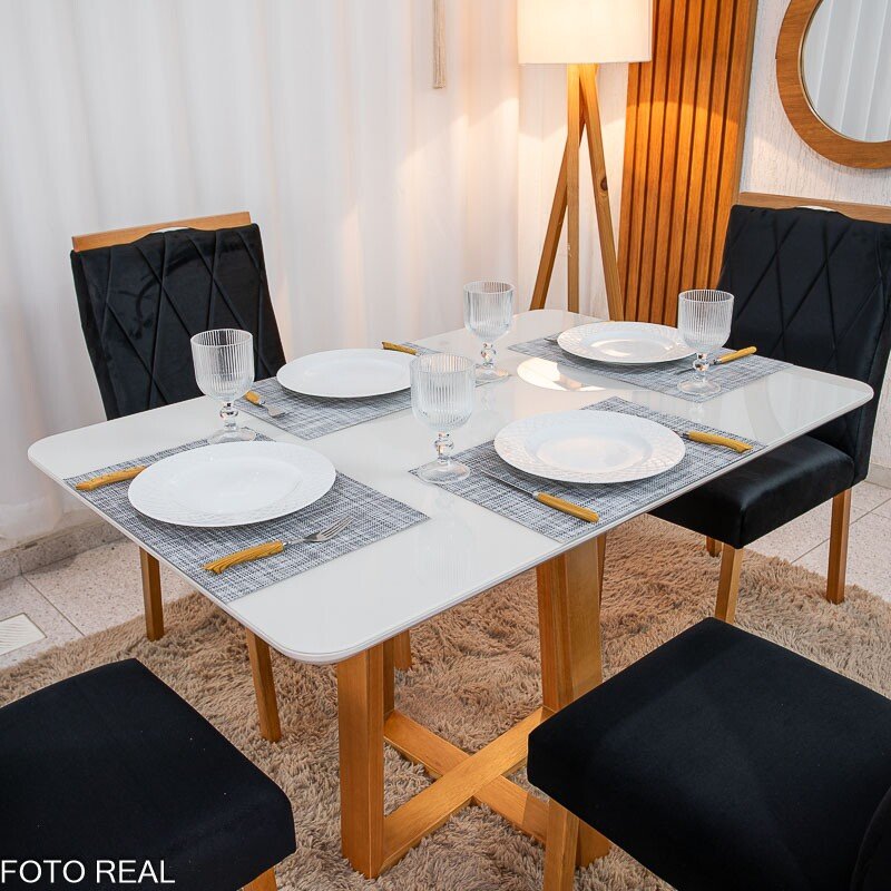 Mesa de Jantar Pedro 120x80 Vidro Off Base Madeira + 4 Cadeiras Lisboa Veludo Preto 504 Art Assento - Entregue Montada - Imagem 2