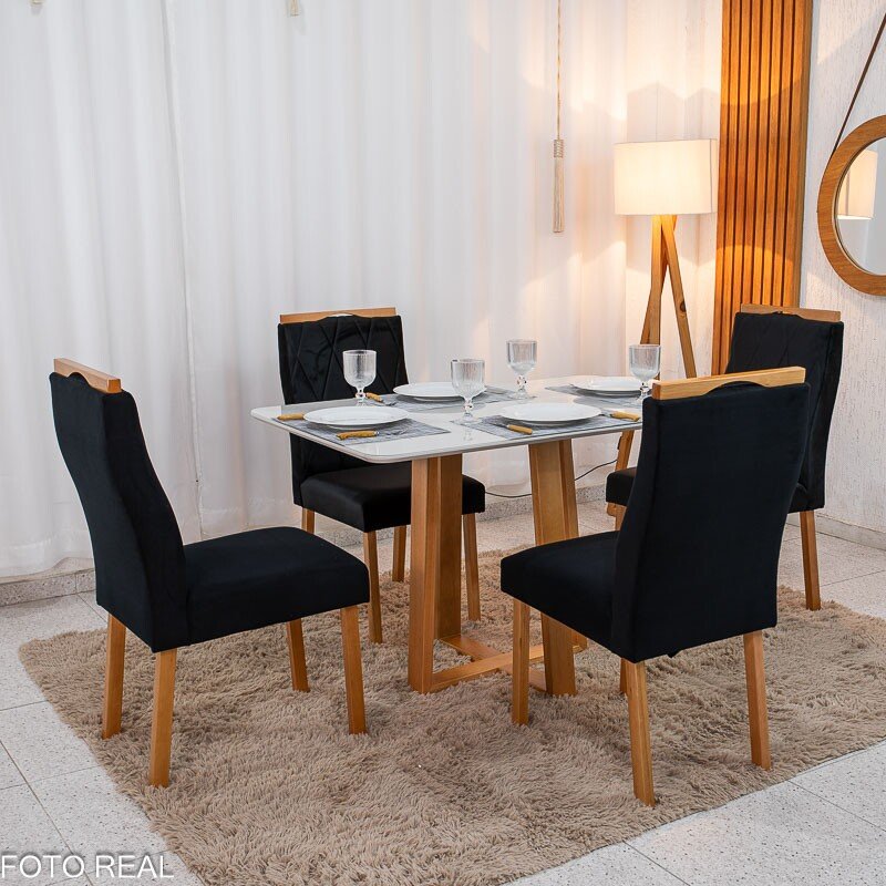 Mesa de Jantar Pedro 120x80 Vidro Off Base Madeira + 4 Cadeiras Lisboa Veludo Preto 504 Art Assento - Entregue Montada - Imagem 3