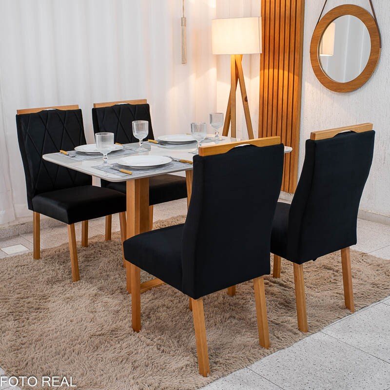 Mesa de Jantar Pedro 120x80 Vidro Off Base Madeira + 4 Cadeiras Lisboa Veludo Preto 504 Art Assento - Entregue Montada - Imagem 4