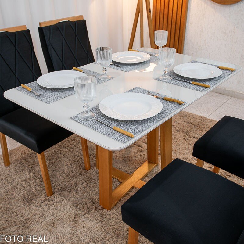Mesa de Jantar Pedro 120x80 Vidro Off Base Madeira + 4 Cadeiras Lisboa Veludo Preto 504 Art Assento - Entregue Montada - Imagem 5
