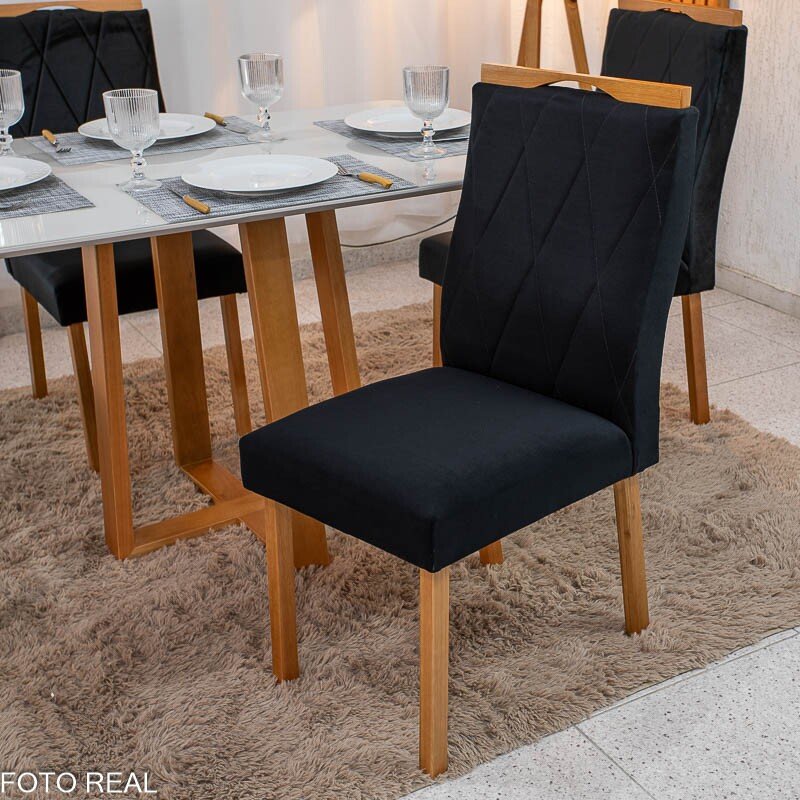 Mesa de Jantar Pedro 120x80 Vidro Off Base Madeira + 4 Cadeiras Lisboa Veludo Preto 504 Art Assento - Entregue Montada - Imagem 6
