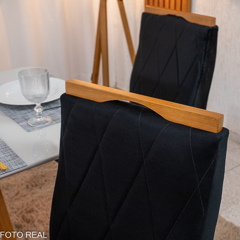 Mesa de Jantar Pedro 120x80 Vidro Off Base Madeira + 4 Cadeiras Lisboa Veludo Preto 504 Art Assento - Entregue Montada - Imagem 8