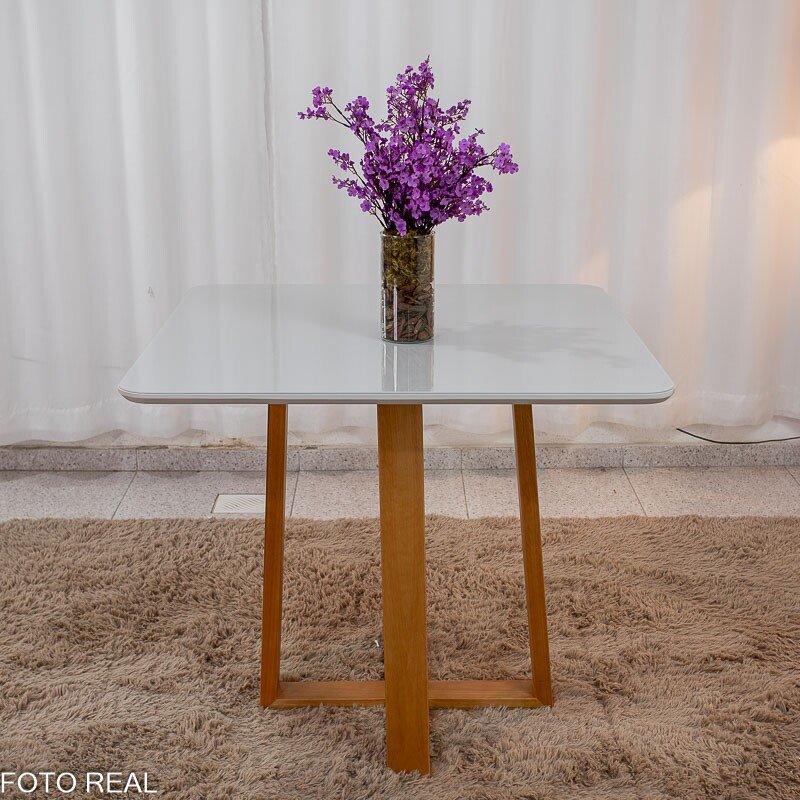 Mesa de Jantar Pedro 90x90 Vidro Off Base Madeira + 4 Cadeiras Lisboa Veludo Cinza 507 Art Assento - Entregue Montada - Imagem 8