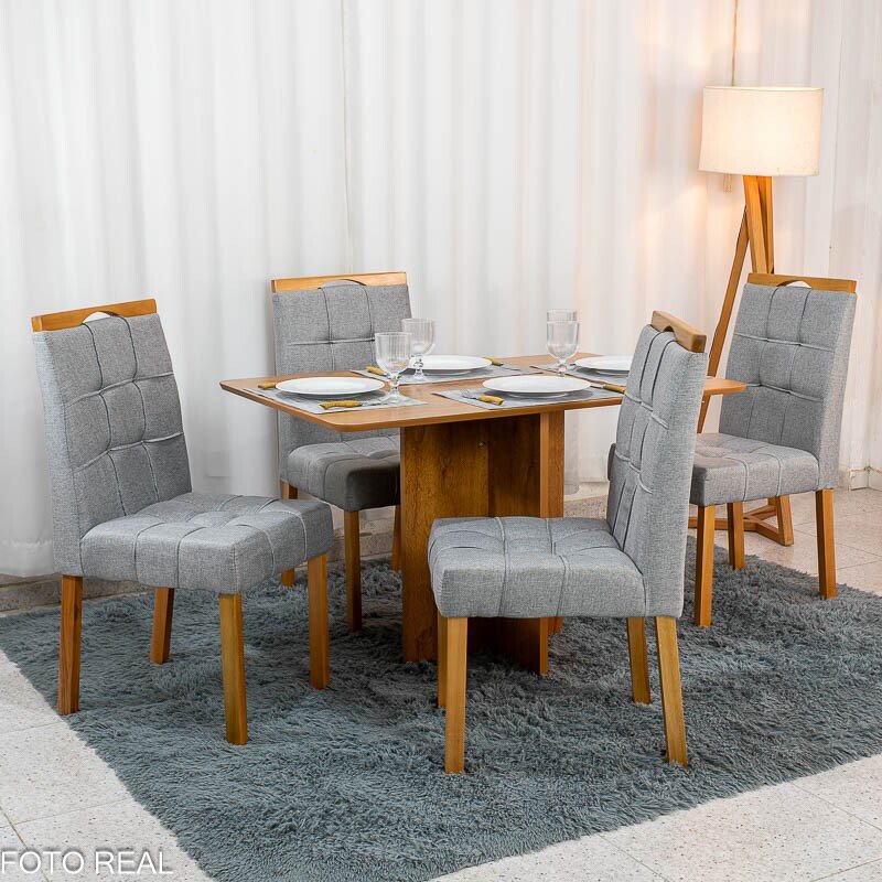 Mesa de Jantar Salina 120x80 Tampo Londres Cinamomo Cel Móveis + 4 Cadeiras Sophia Linho Cinza 206 Estrutura Madeira WM Decor - Entregue Montada