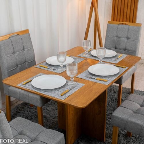 Alternative view of Mesa de Jantar Salina 120x80 Tampo Londres Cinamomo Cel Móveis + 4 Cadeiras Sophia Linho Cinza 206 Estrutura Madeira WM Decor - Entregue Montada
