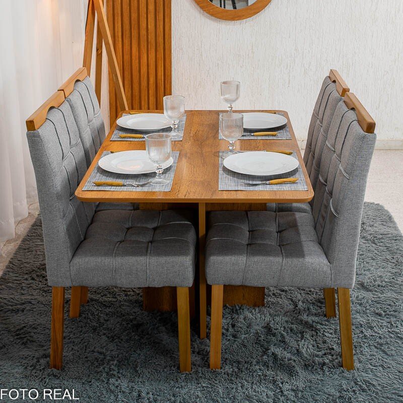 Mesa de Jantar Salina 120x80 Tampo Londres Cinamomo Cel Móveis + 4 Cadeiras Sophia Linho Cinza 206 Estrutura Madeira WM Decor - Entregue Montada - Imagem 5
