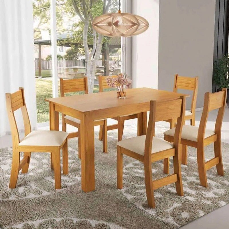 Mesa de Jantar Fucsia Mel 136x75 + 6 Cadeiras Brisa Veludo Marfim - Viero