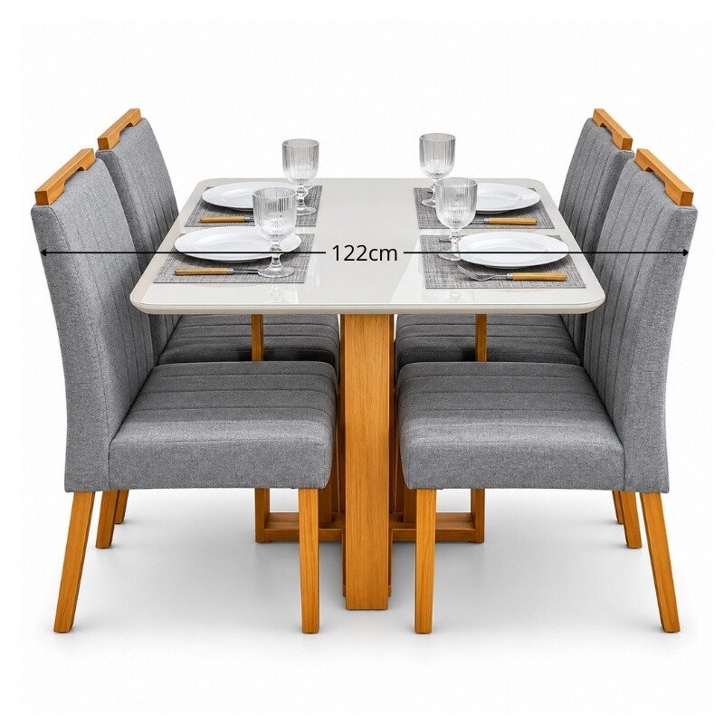 Mesa Tóquio 90x90 Vidro Off Base Madeira + 4 Cadeiras Gabi Linho Cinza Estrutura Madeira Bom Lar - Entregue Montada - Imagem 8
