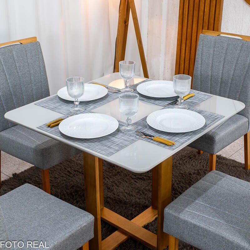 Mesa Tóquio 90x90 Vidro Off Base Madeira + 4 Cadeiras Gabi Linho Cinza Estrutura Madeira Bom Lar - Entregue Montada - Imagem 2
