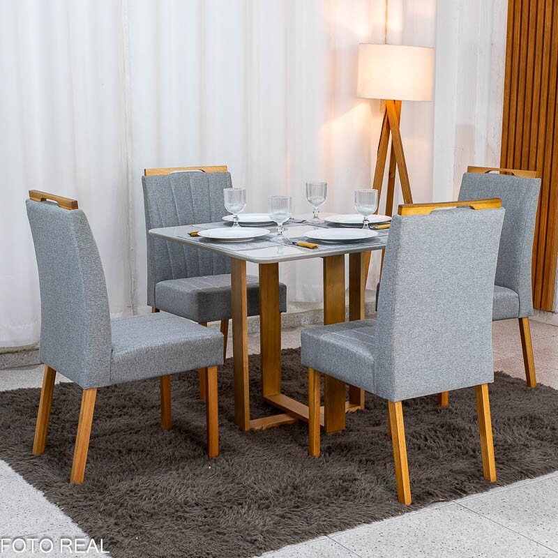 Mesa Tóquio 90x90 Vidro Off Base Madeira + 4 Cadeiras Gabi Linho Cinza Estrutura Madeira Bom Lar - Entregue Montada - Imagem 3