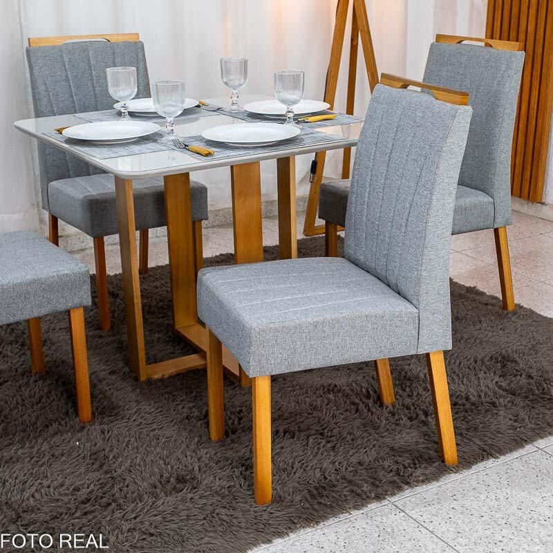 Mesa Tóquio 90x90 Vidro Off Base Madeira + 4 Cadeiras Gabi Linho Cinza Estrutura Madeira Bom Lar - Entregue Montada - Imagem 4