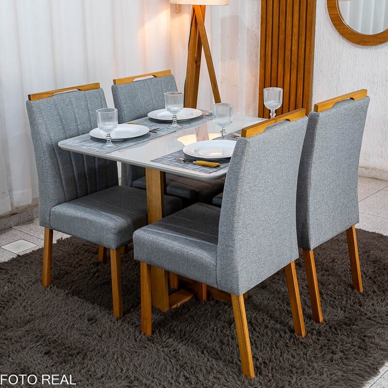 Mesa Tóquio 90x90 Vidro Off Base Madeira + 4 Cadeiras Gabi Linho Cinza Estrutura Madeira Bom Lar - Entregue Montada - Imagem 7