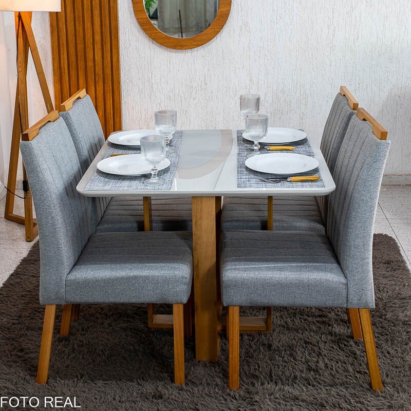 Mesa Tóquio 90x90 Vidro Off Base Madeira + 4 Cadeiras Gabi Linho Cinza Estrutura Madeira Bom Lar - Entregue Montada - Imagem 6