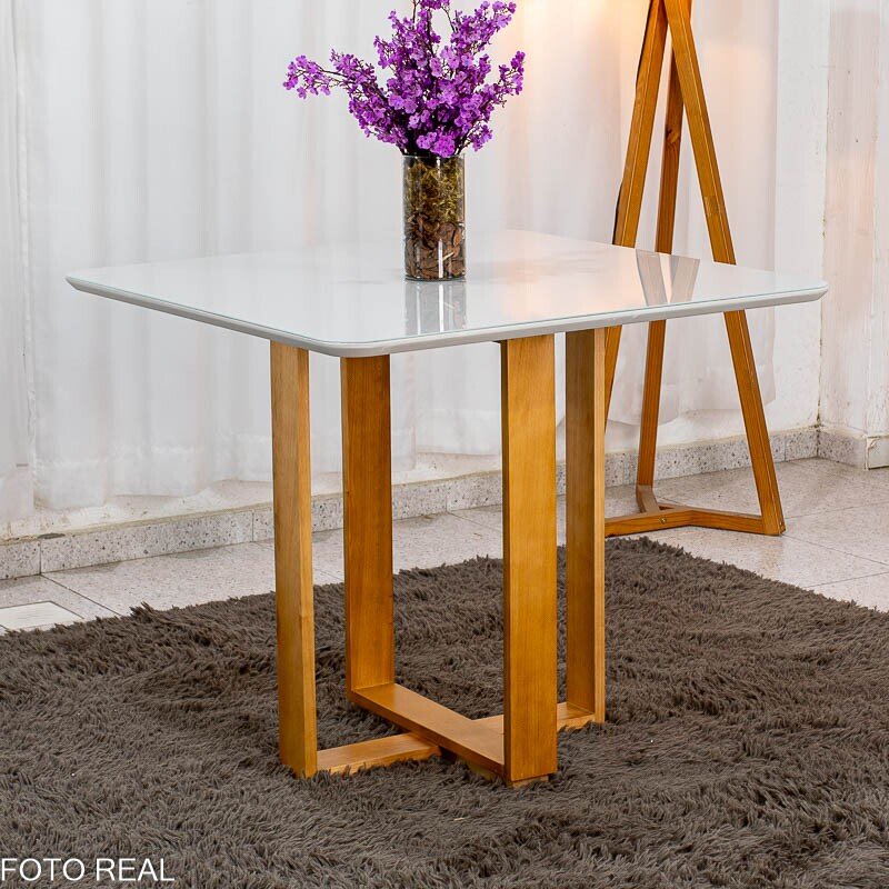 Mesa Tóquio 90x90 Vidro Off Base Madeira + 4 Cadeiras Gabi Linho Cinza Estrutura Madeira Bom Lar - Entregue Montada - Imagem 12