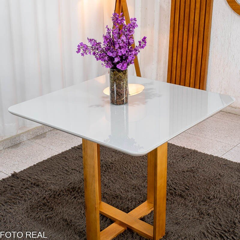 Mesa Tóquio 90x90 Vidro Off Base Madeira + 4 Cadeiras Gabi Linho Cinza Estrutura Madeira Bom Lar - Entregue Montada - Imagem 14