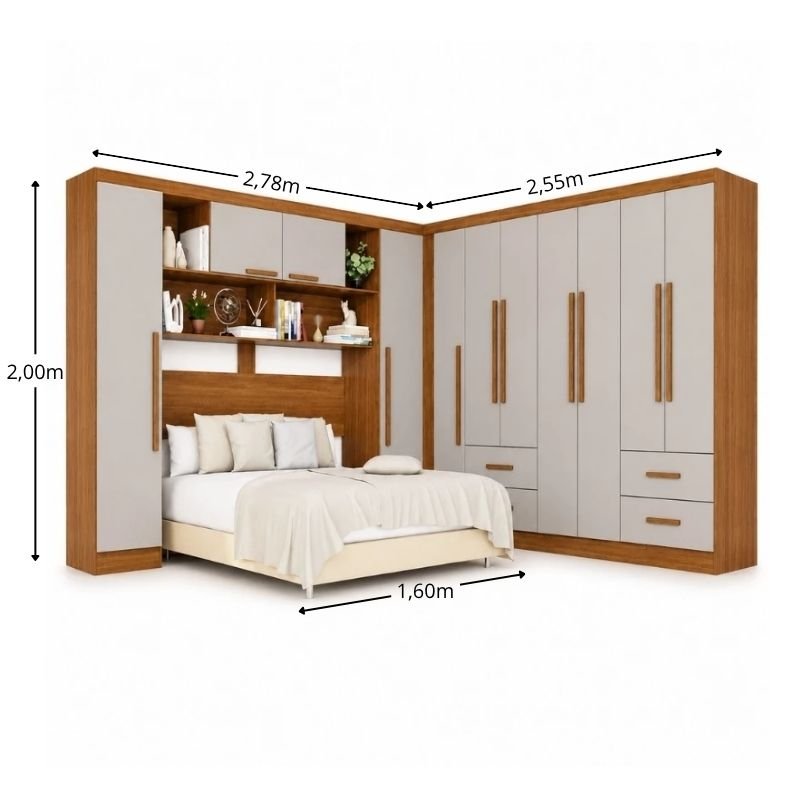 Modulado Apolo Premium Cinamomo/Off para Cama até 1,60m + Módulo Canto Fortaleza Cinamomo/Off + Guarda-roupa Texas Premium Cinamomo/Off 6 Portas 4 Gavetas - Sallêto - Imagem 2