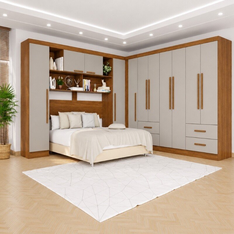 Modulado Apolo Premium Cinamomo/Off para Cama até 1,60m + Módulo Canto Fortaleza Cinamomo/Off + Guarda-roupa Texas Premium Cinamomo/Off 6 Portas 4 Gavetas - Sallêto