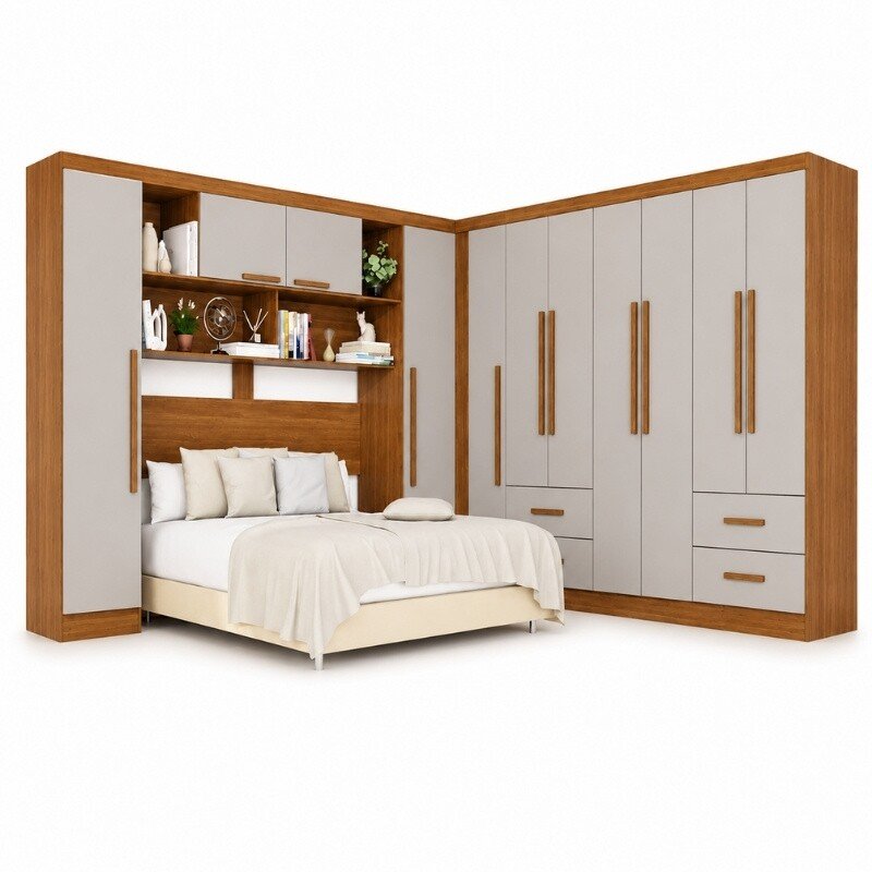 Modulado Apolo Premium Cinamomo/Off para Cama até 1,60m + Módulo Canto Fortaleza Cinamomo/Off + Guarda-roupa Texas Premium Cinamomo/Off 6 Portas 4 Gavetas - Sallêto - Imagem 3