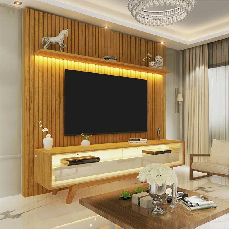 Rack Requinte 1.72m Naturale/Off + Painel Nobre 1.85m Naturale Ripado C/ Led 100% MDF TV até 75 Polegadas- Gelius