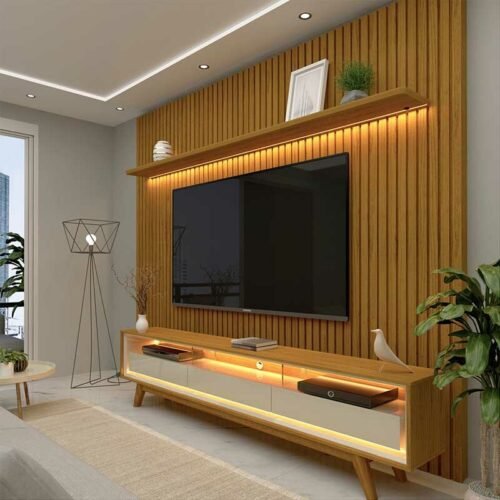 Rack Requinte 2.12m Naturale/off C/ Led 100% MDF + Painel Nobre Ripado 2.30m Naturale 100% MDF C/ Led TV até 85" - Gelius