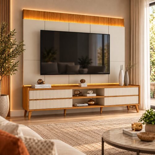 Rack Magnífico 212 Larg. 2.18m + Painel Magnífico 220 Nature/Off C/LED e Detalhe Ripado para TV até 85" - Gelius