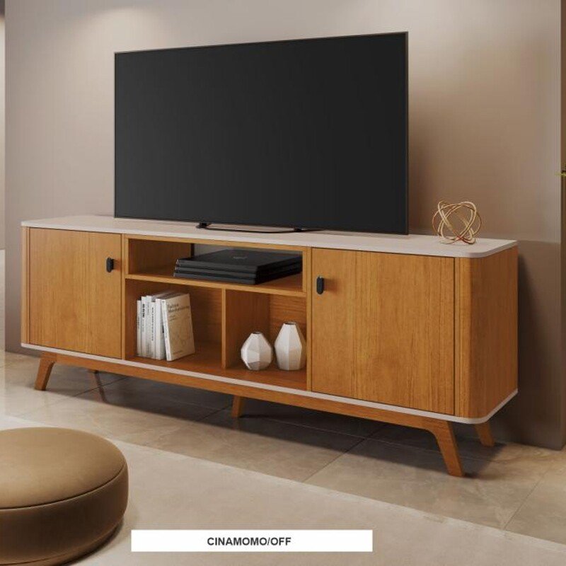 Rack Bancada 1,80m Oslo Candian Cinamomo/Off White com 2 Portas e Detalhe Arredondado para TV até 70" - JCM