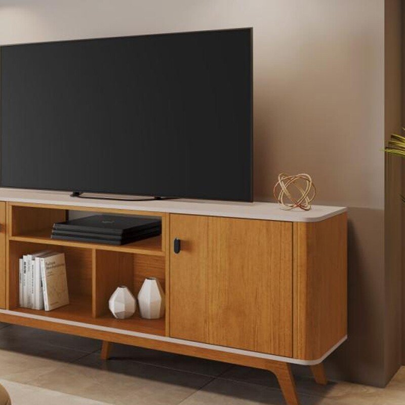 Rack Bancada 1,80m Oslo Candian Cinamomo/Off White com 2 Portas e Detalhe Arredondado para TV até 70" - JCM - Imagem 2