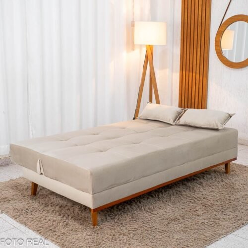Sofá Cama Madrid Veludo Bege 2269 Molas Bonnel - 1,80m