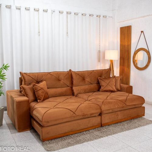 Sofá Retrátil Reclinável Gran Bello 2,90m Veludo Terracota 24 - Molas Ensacadas